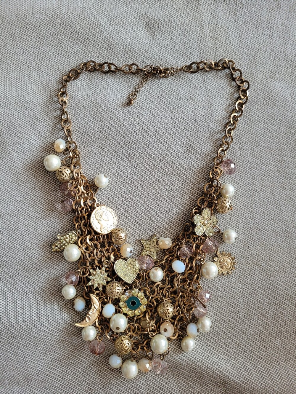 Gold-tone Multi Charm Pearl Statement Necklace - Women Jewelry